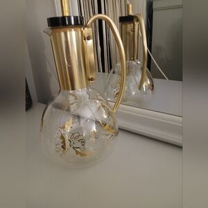 PYREX Vintage glass pitcher Coppertone metallic graphics cork top metal handle